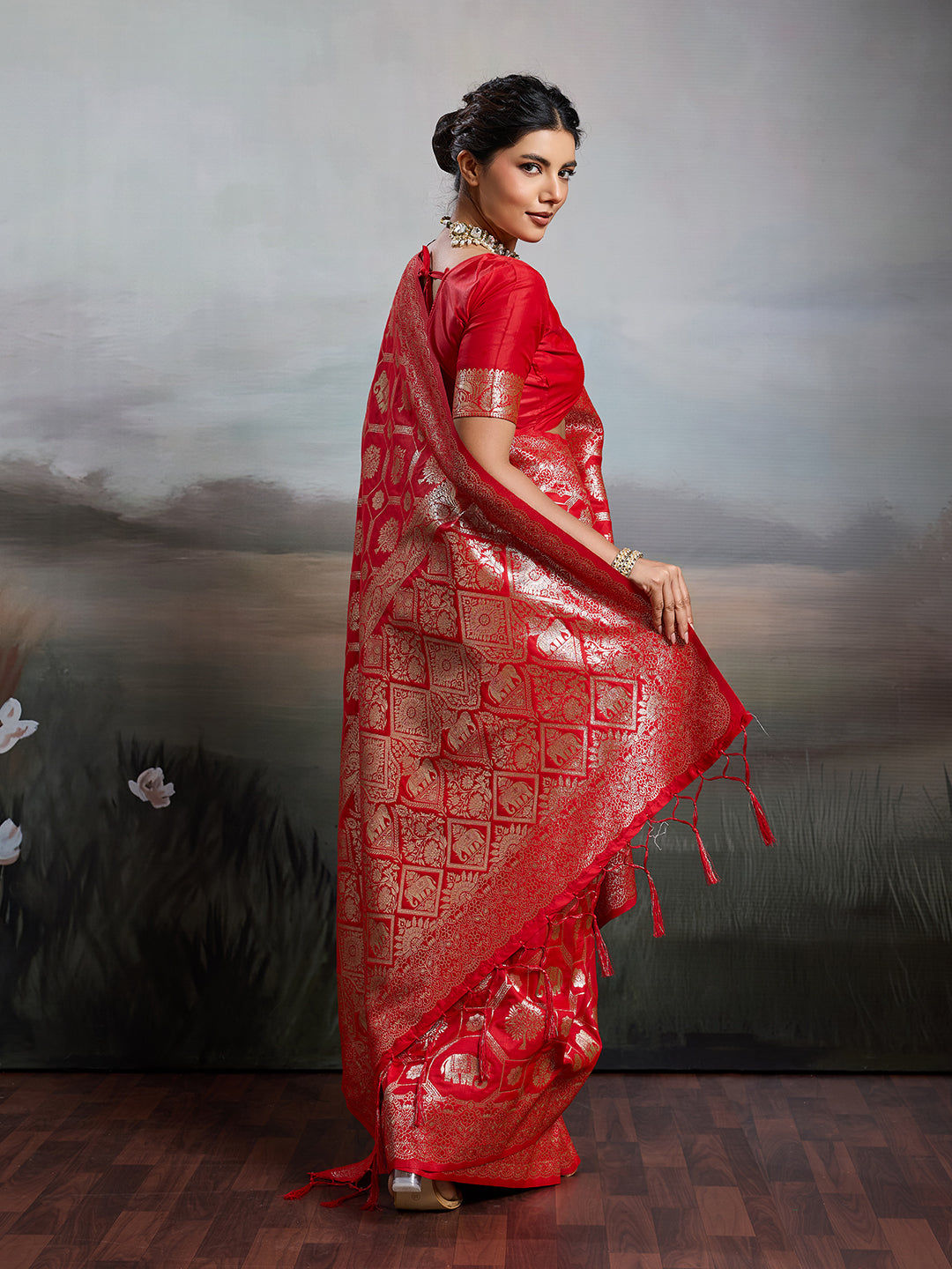 Anaita Red Silk Blend Woven Saree With Blouse