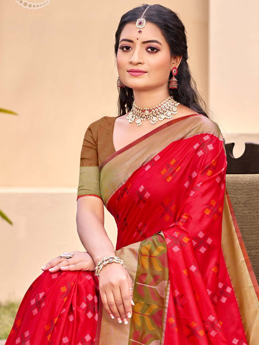 Anaita Red Silk Saree With Blouse Piece