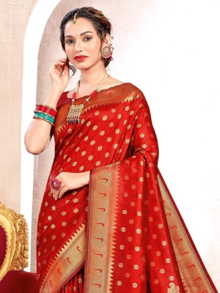 Anaita Red Banarasi Saree With Blouse Piece