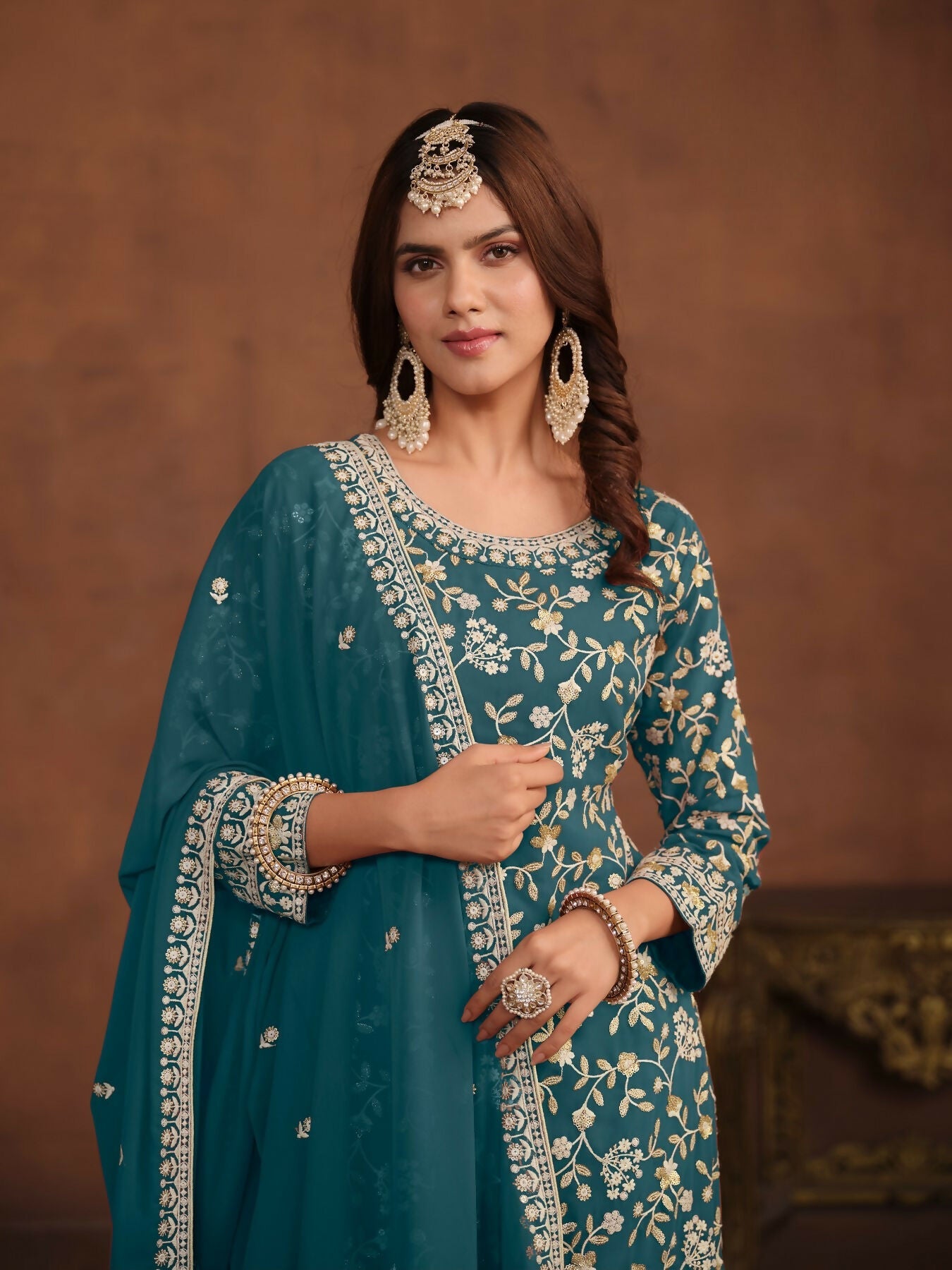 Anaita Teal Embroidered Faux Georgette Salwar Suit