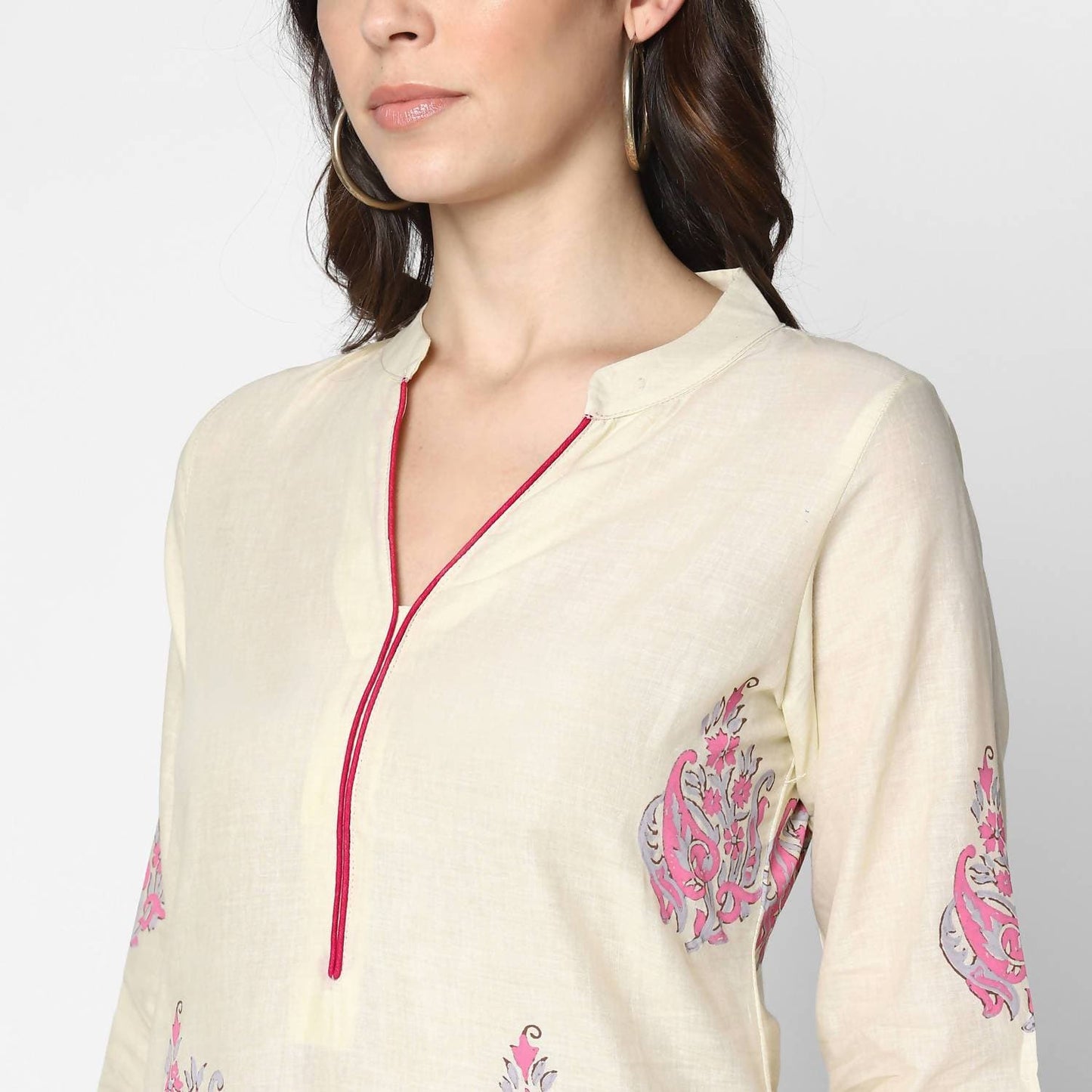 Cheera Hand Block Print Cream Straight Kurta (MAAI-061K)