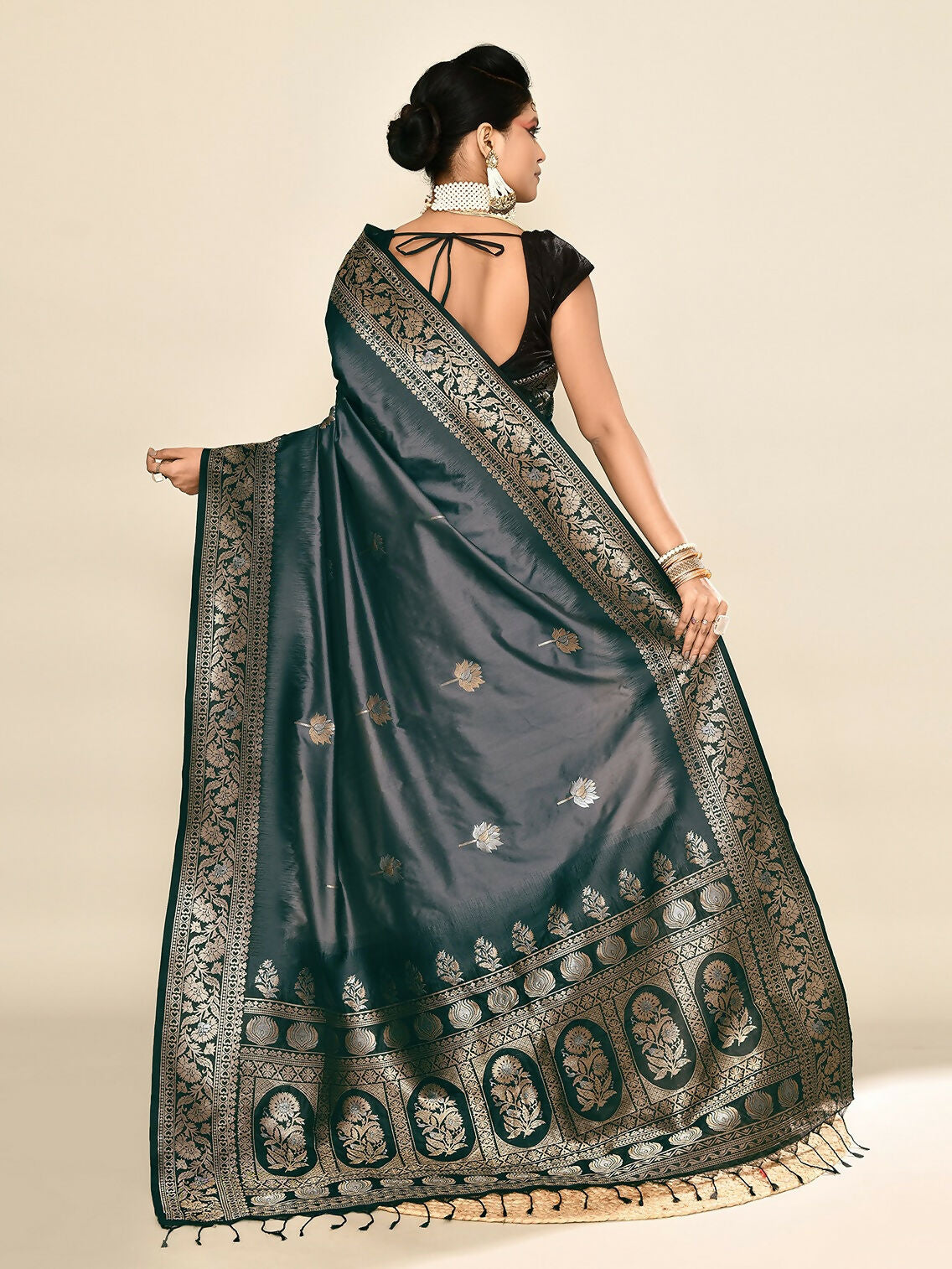 Joban Fashion Grey & Black Plain With Weaving Border Banarasi Silk Sarees