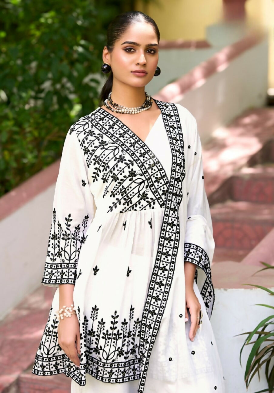 Anaita White Chinon Readymade Sharara Suit with Embroidery Work
