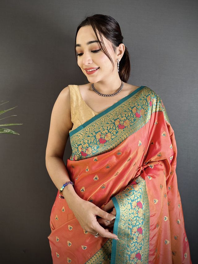 Elora Coral Pink Soft Silk Intricate Motifs Zari Weaving Banarasi Saree With Contrast Weaving Border