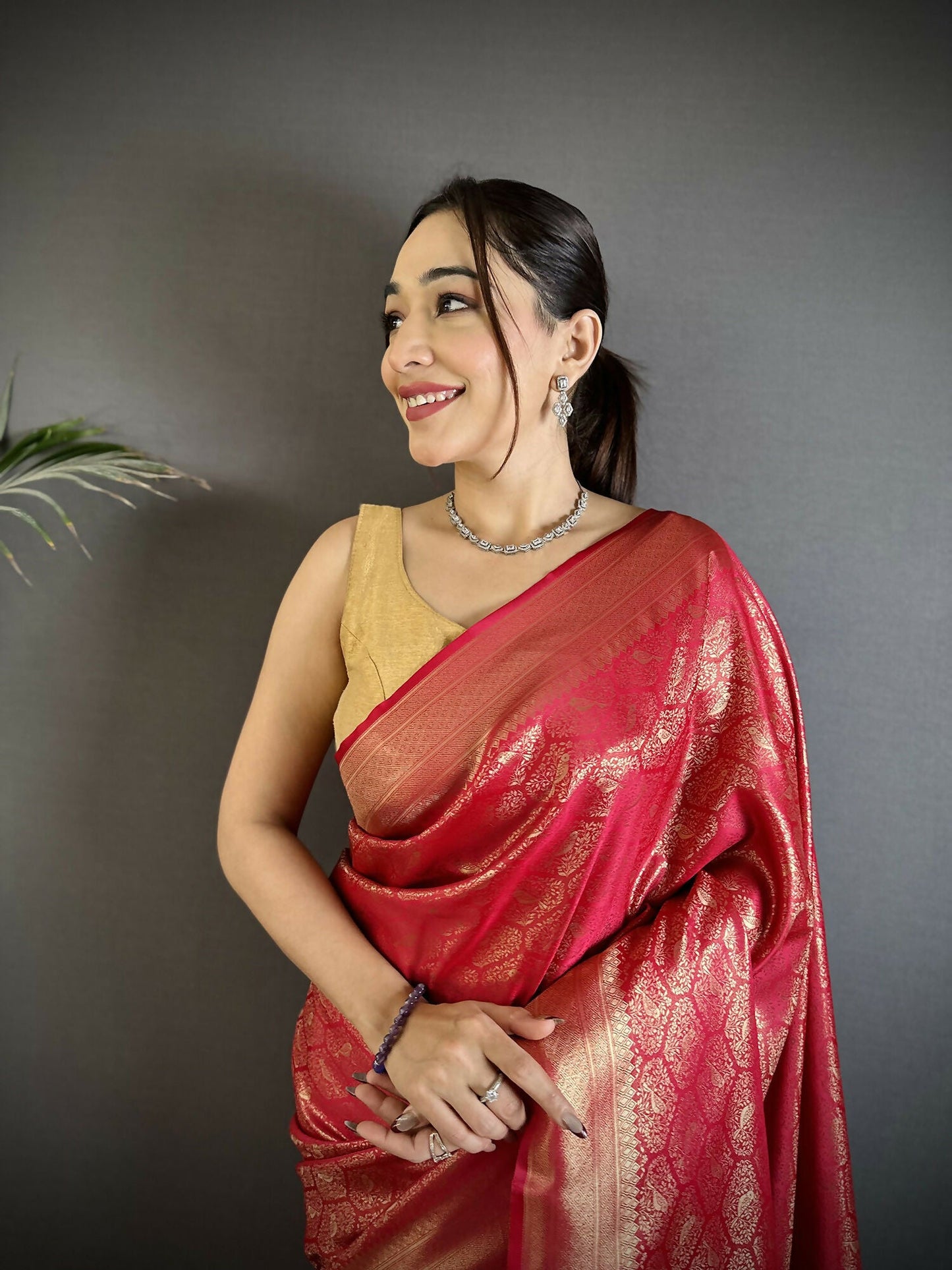 Joban Fashion Red Paisley & Floral Soft Satin Silk Banarasi Silk Saree
