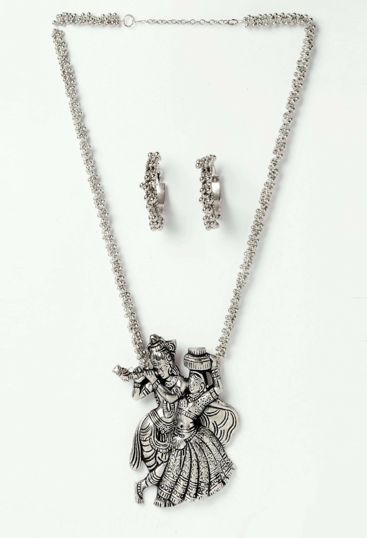 Mominos Fashion Johar Kamal Silver-Plated Brass Finish Radha Kishan Long Neckalce Combo Set For Women