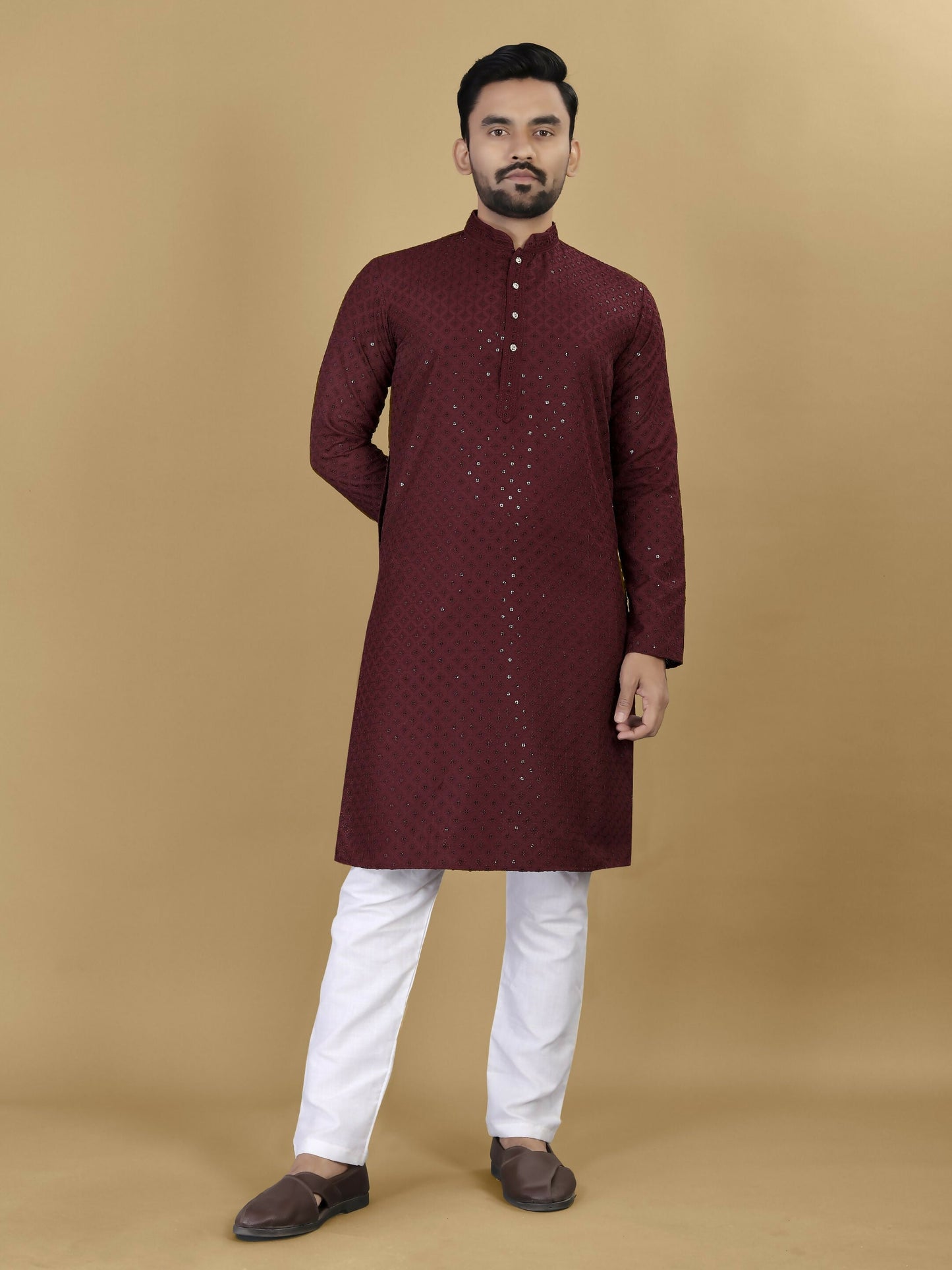 Anaita Maroon Embroidered Rayon Straight Kurta