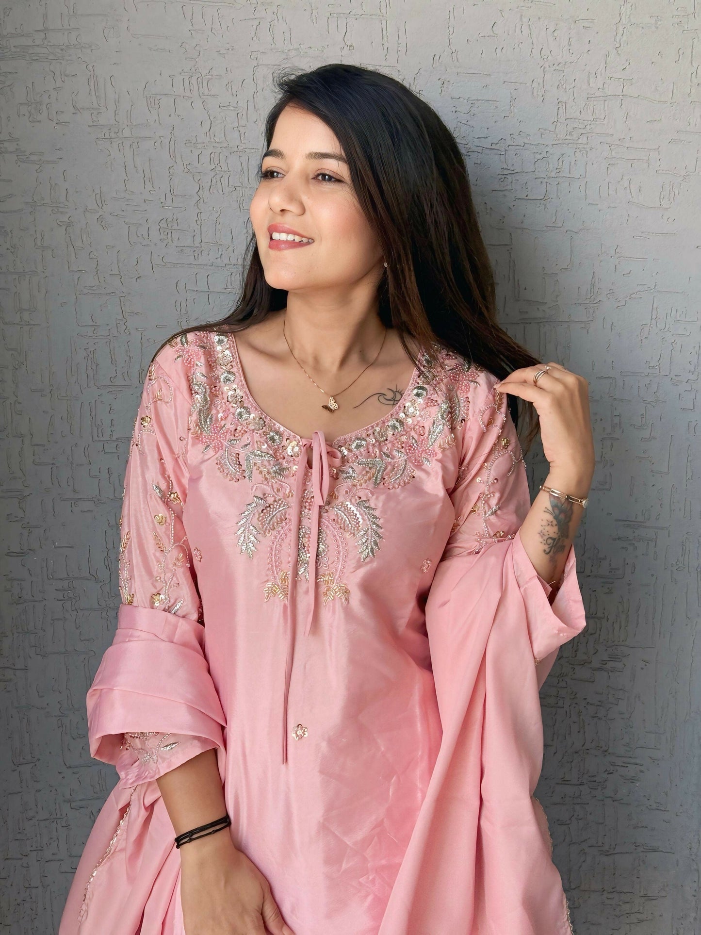 Anaita Baby Pink Crape Readymade Kurti Set with Beads Sequence Work
