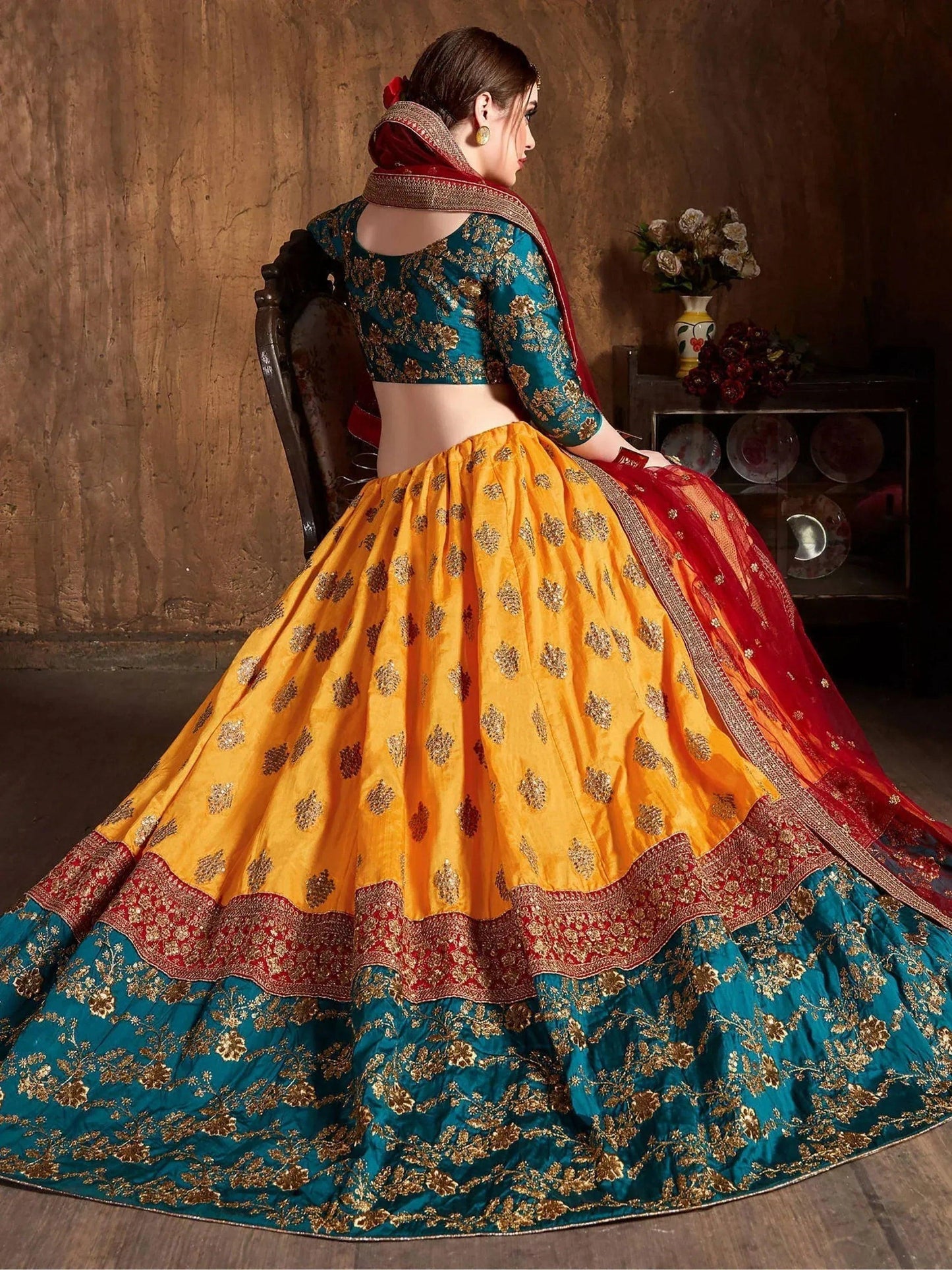 Tulsi Art Teal Green -Yellow Embroidery Banarasi Silk Bridal Lehenga Choli With Maroon Dupatta