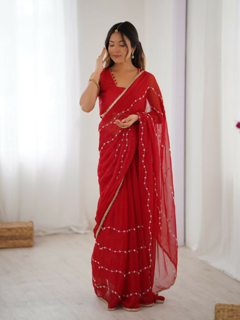 Red Sitara Chiffon Designer Beads Moti,Val Sequence Work Saree - Noorie