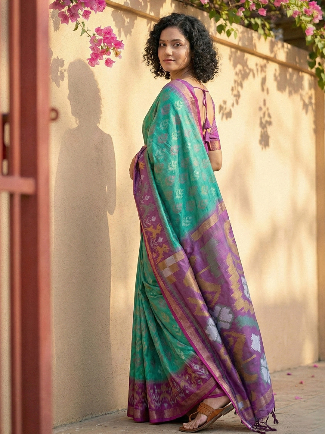 Anaita Turquoise Pochampally Printed Saree With Blouse