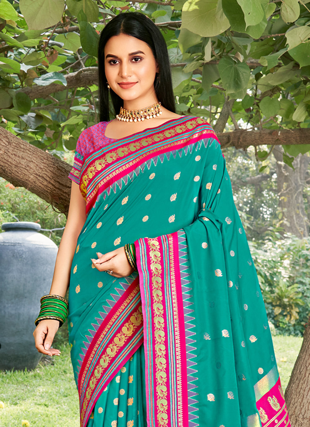 Anaita Turquoise Silk Saree With Blouse Piece
