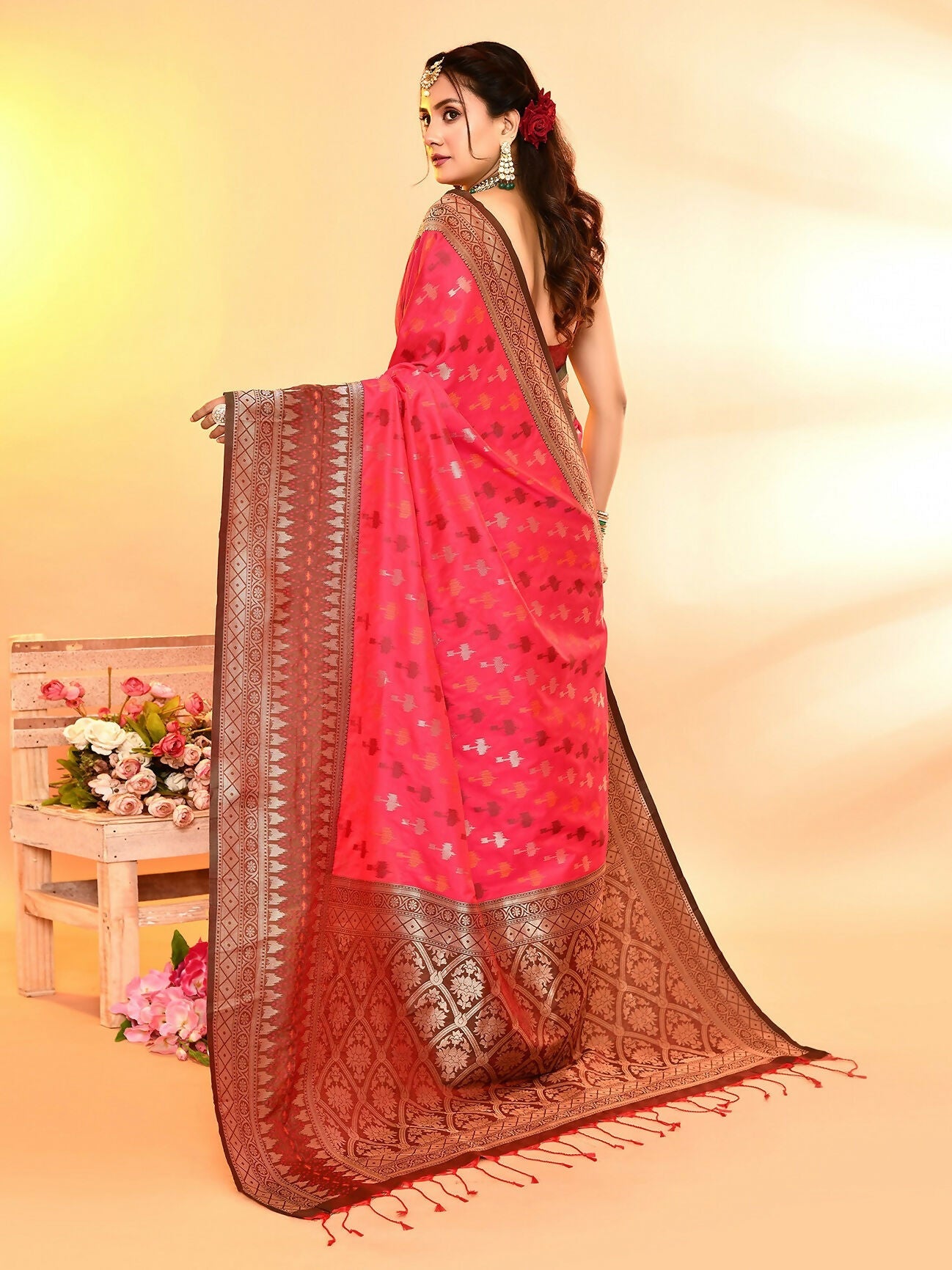 Joban Fashion Rani Pink & Bottle Green Plain With Weaving Border Banarasi Silk Sarees