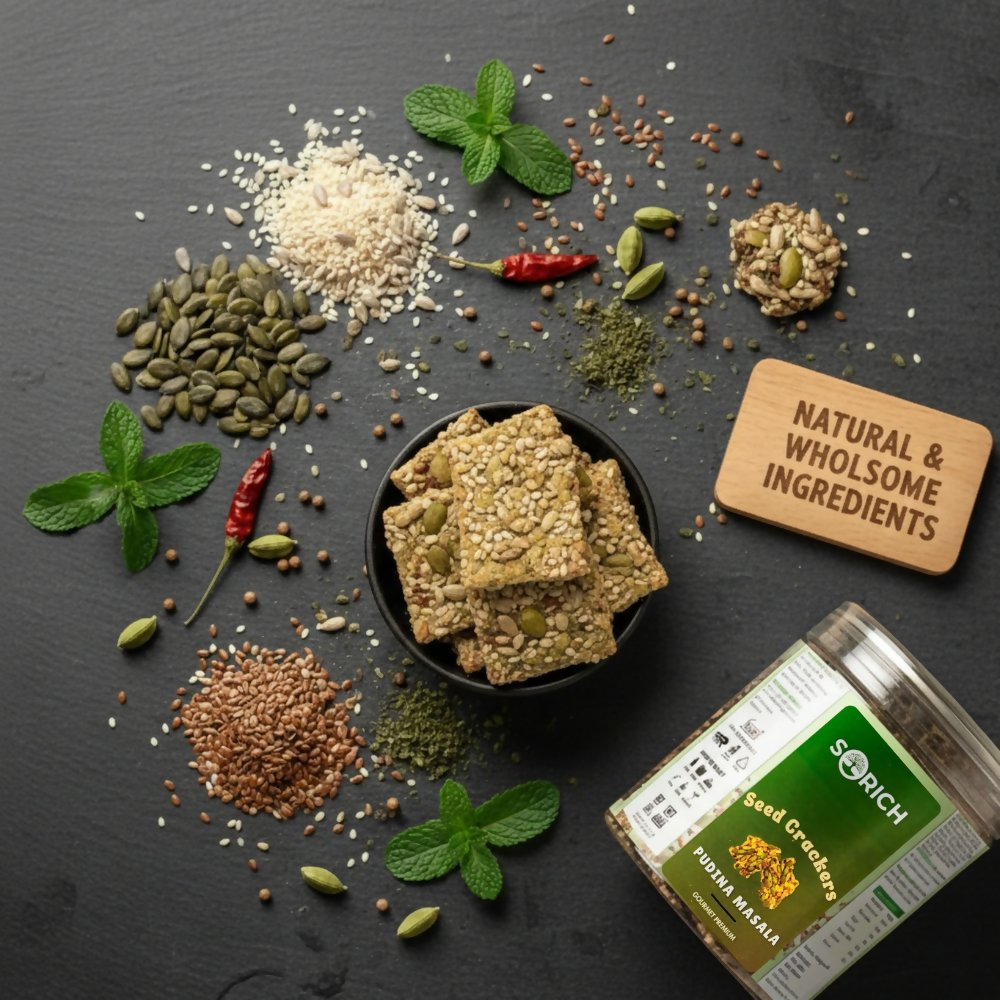 Sorich Organics Pudina Seeds Cracker – Crispy & Healthy Snack with Pudina Masala Twist