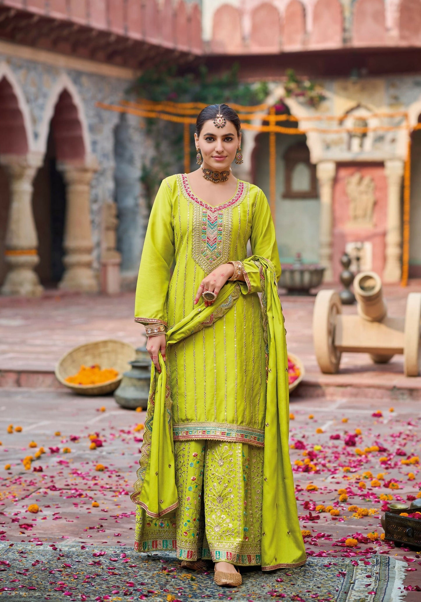 Anaita Lime Yellow Premium Embroidery Dhaga Sequin Work Ready Made Suit