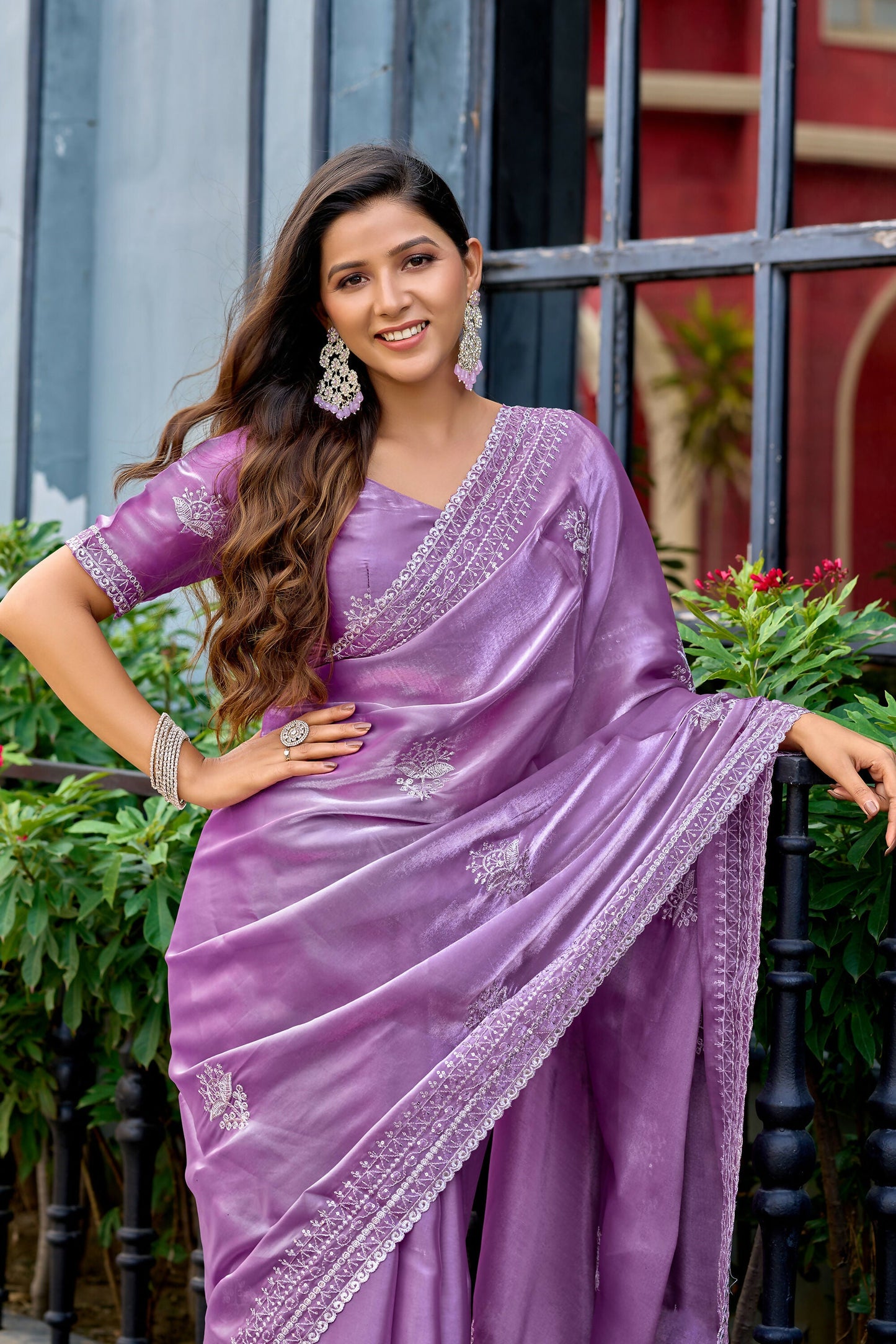 Vastranavya Lavender Embroidery Work Shimmer Chiffon Saree with Unstitched Blouse