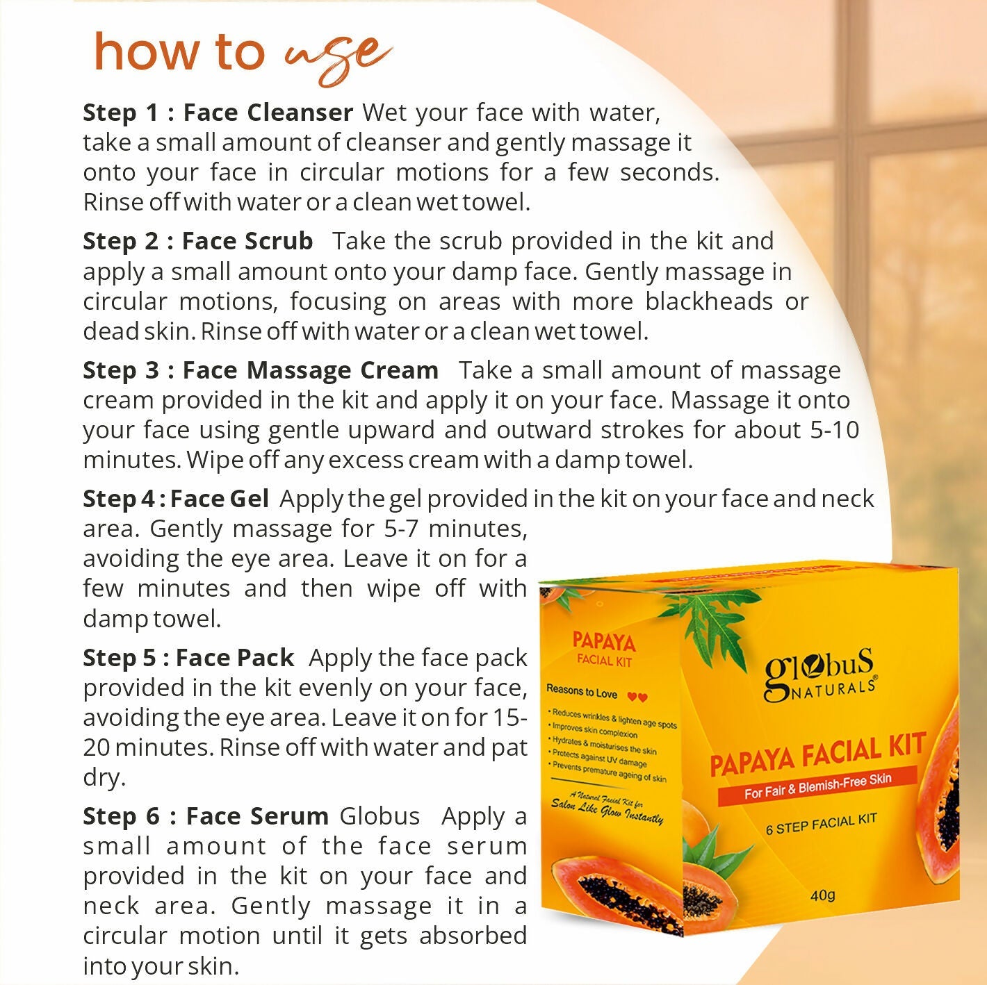 Globus Naturals Papaya Facial Kit For Blemish Free Skin & Anti-Pigmentation, 6 Steps