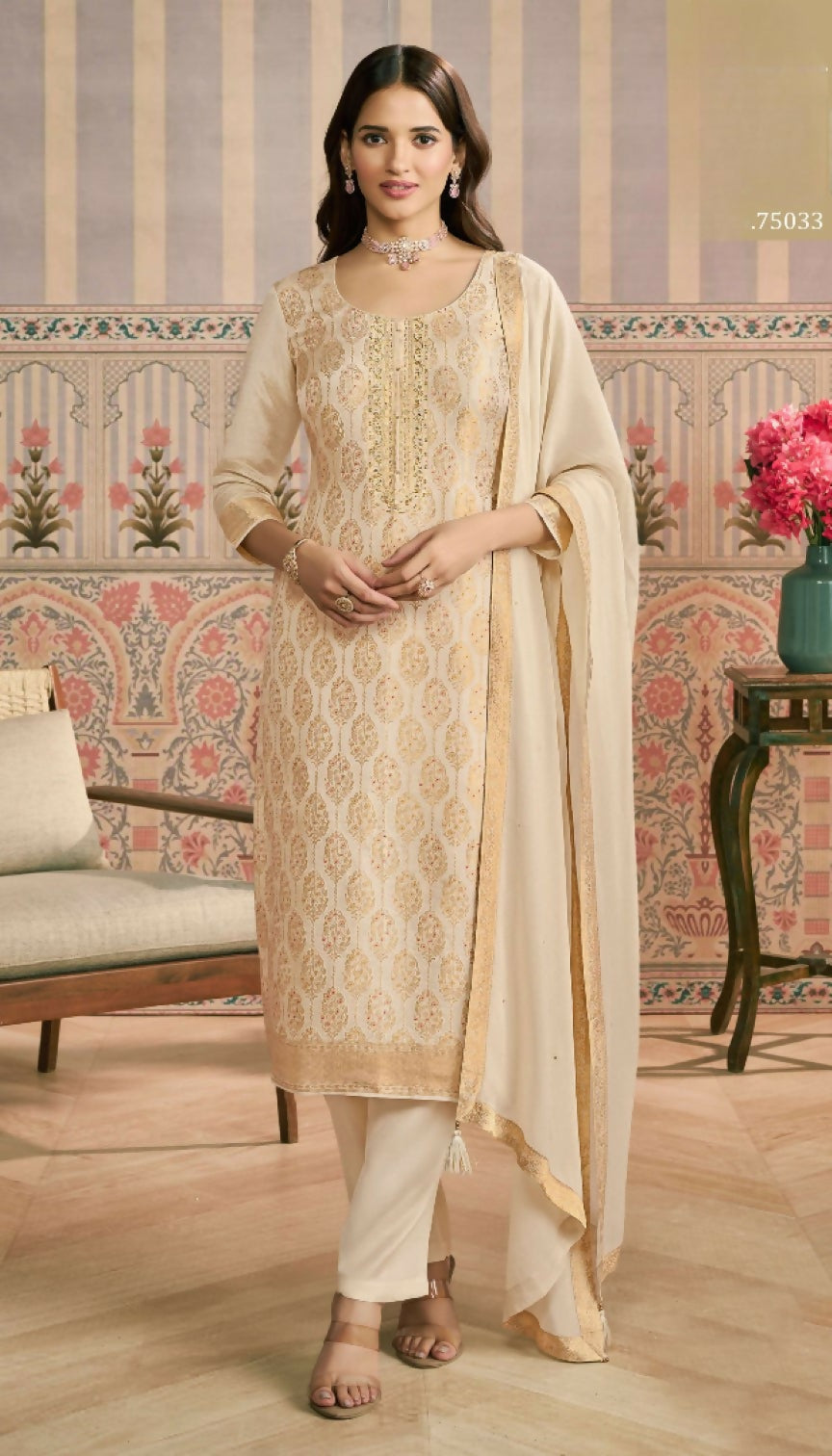 Anaita Beige Viscose Lotus Shimmer Stitched Suit with Jacquard Work