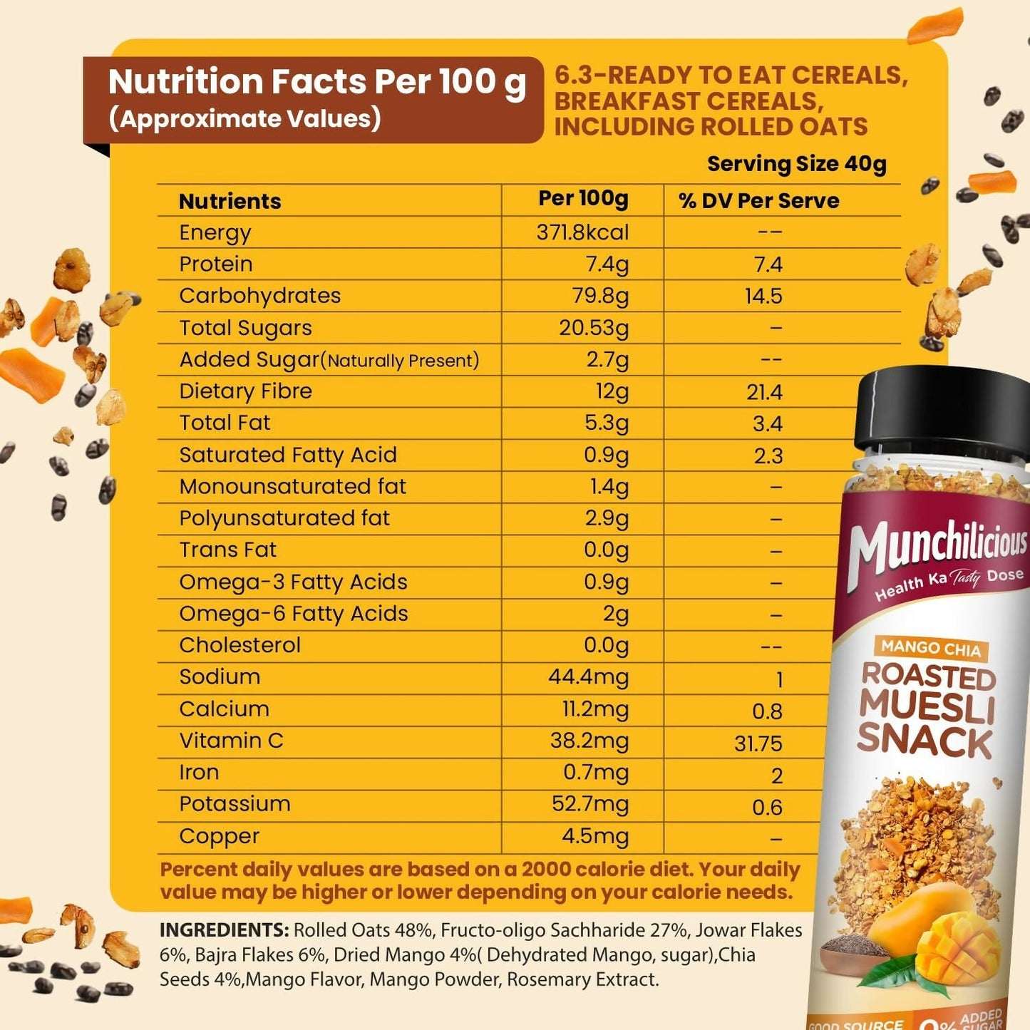 Munchilicious Muesli – Mango Chia Rolled Oats, Dried Mango, Chia Seeds & Jowar Flakes
