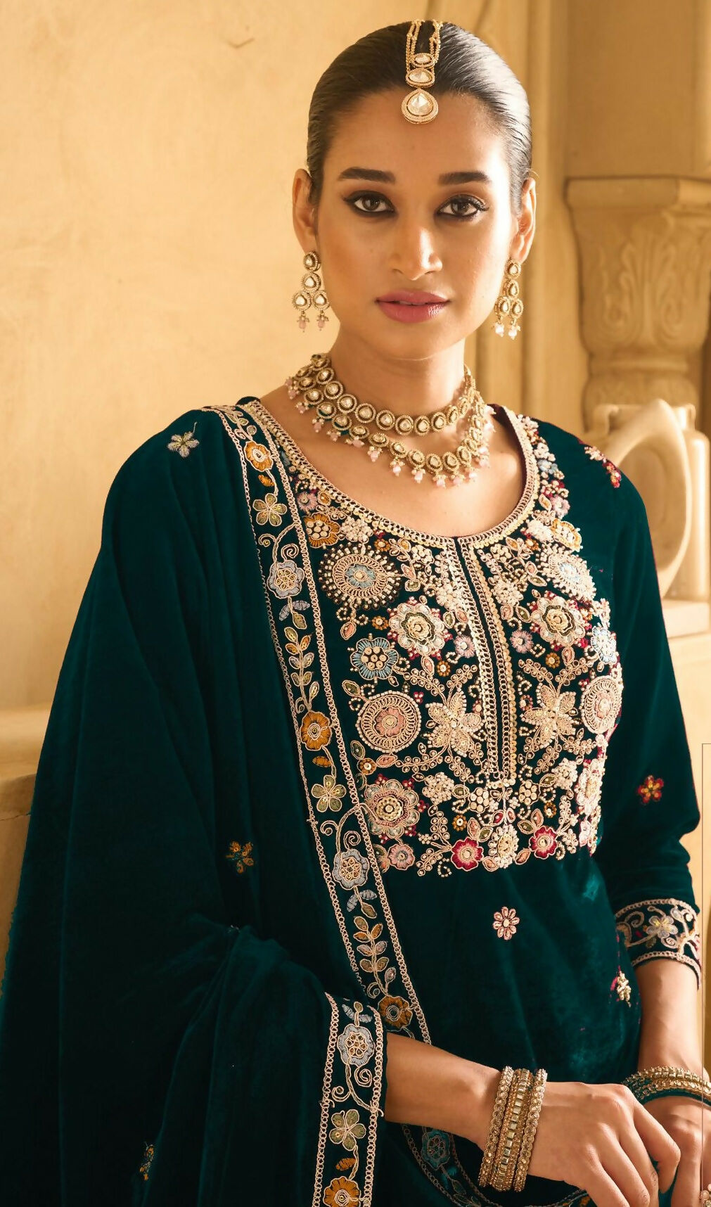Anaita Dark Green Embroidered Work Velvet Stitched Plazo Suit