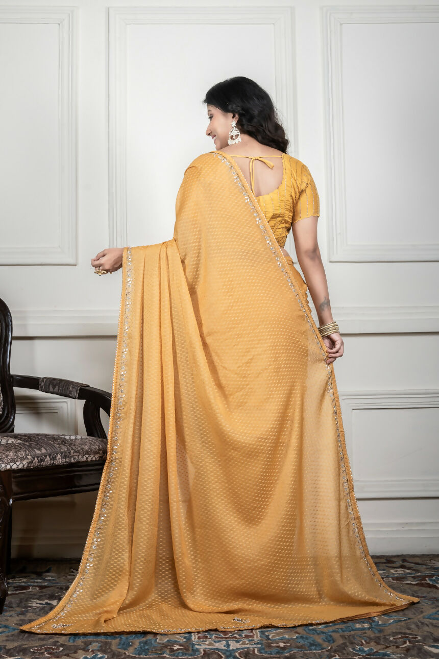 Morchari Yellow Pure Chiffon Hand Embroidery Saree And Stitched Blouse