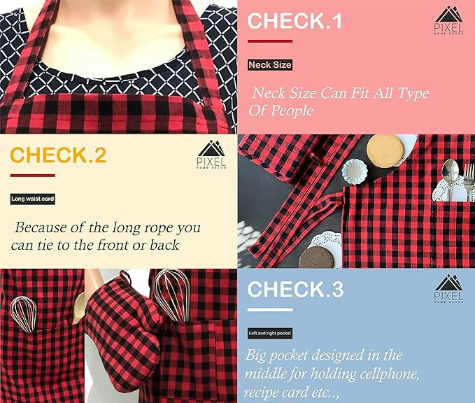 Pixel Home Cotton Apron Check Kitchen-Red Checked