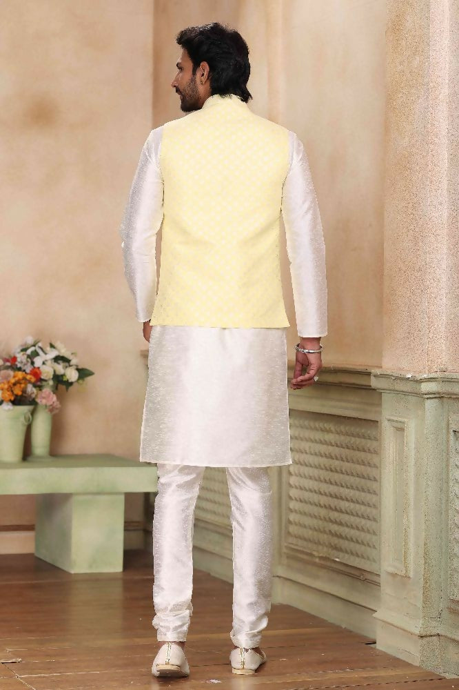 Raivat Ethnic Jacquard Banarasi Silk Woven Work 3 Pics Jacket Set In Yellow Colour