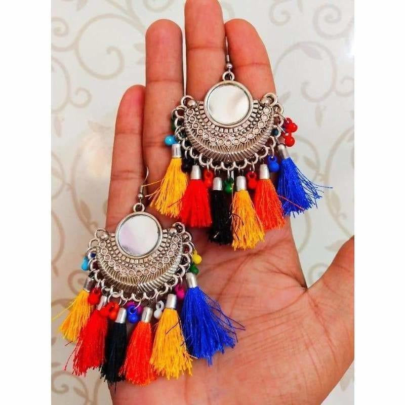 MS Fashion India Multi Color Silk Threads Hangings With Mirror Half Moon Chandbali Earrings