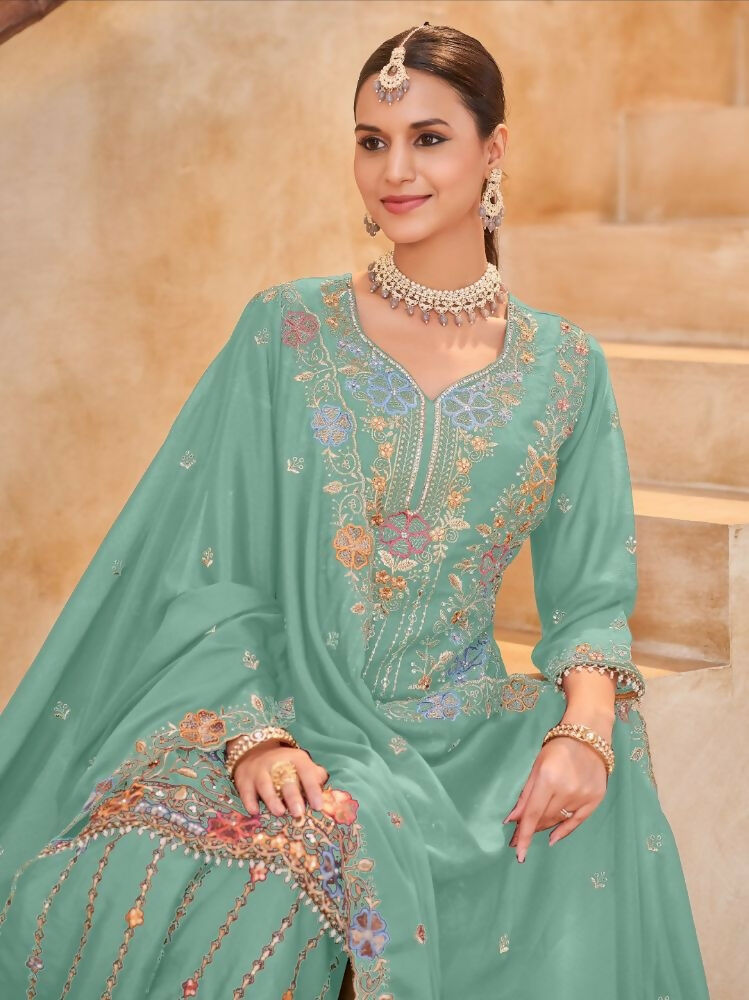 Anaita Sky Blue Vichitra Silk Readymade Palazzo Suit with Embroidery & Lace Work