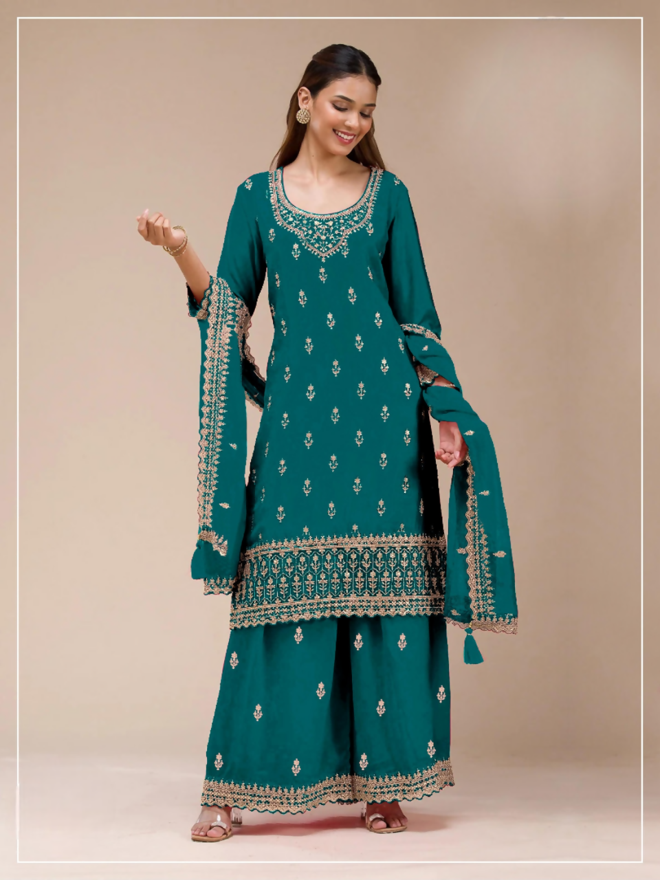 Anaita Teal Green Georgette Stitched Suit with Heavy Embroidery Work