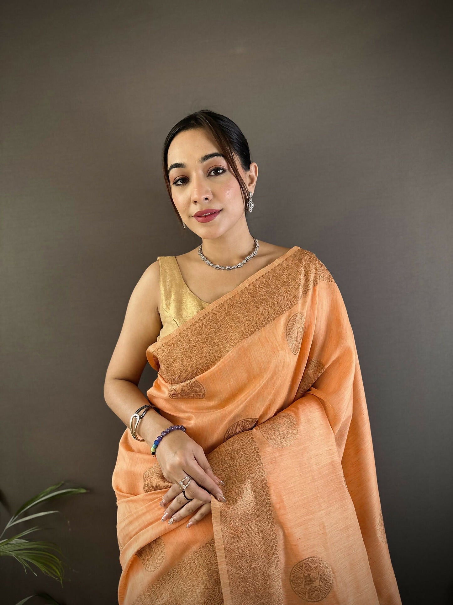 Joban Fashion Orange Floral & Paisley Linen Silk Banarasi Saree