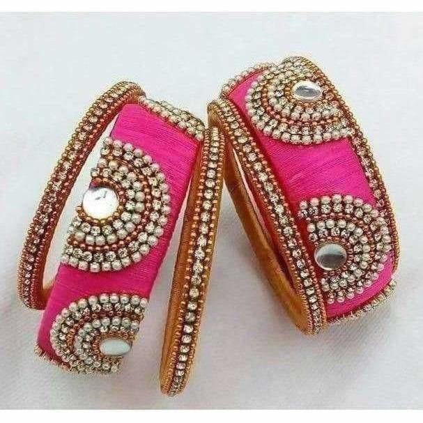 Pink Color Silk Threaded Bangle Set