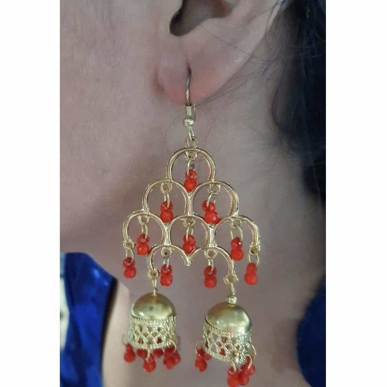 MS Fashion India Gold-Polished Fashion Traditional Double Jhumka Long Red Pearls Earrings