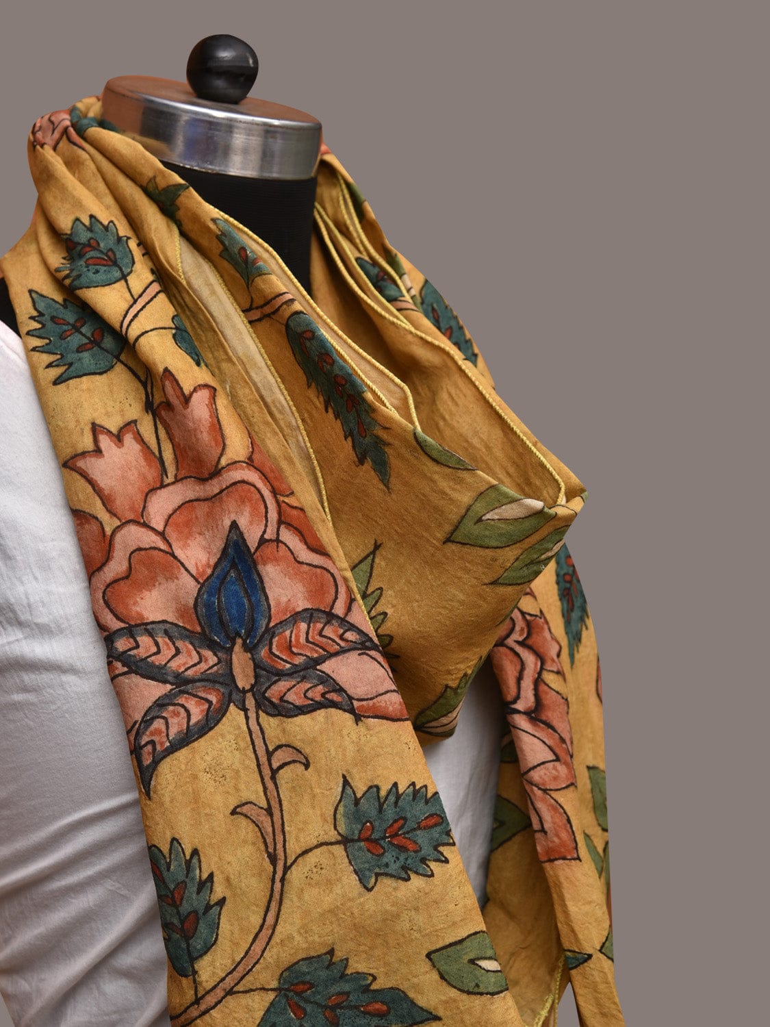 Yellow Kalamkari Hand Painted Sico Stole with Floral Design - Global Threads