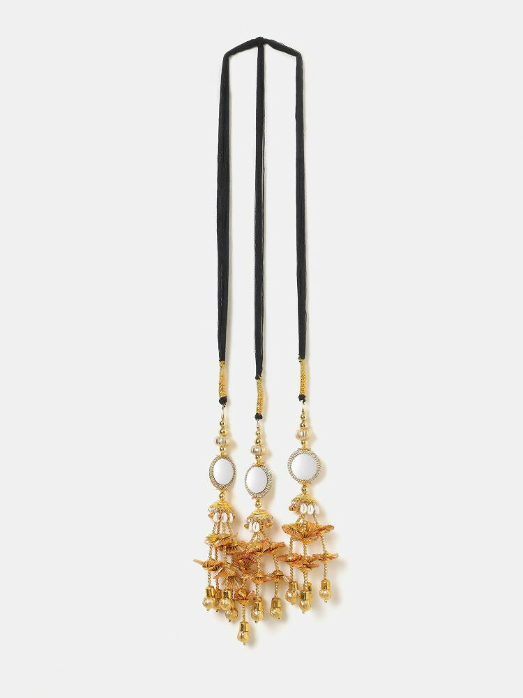 Ruby Raang Gold Gota Pati Work And Threads With Pearls And Black Thread And Mirrors