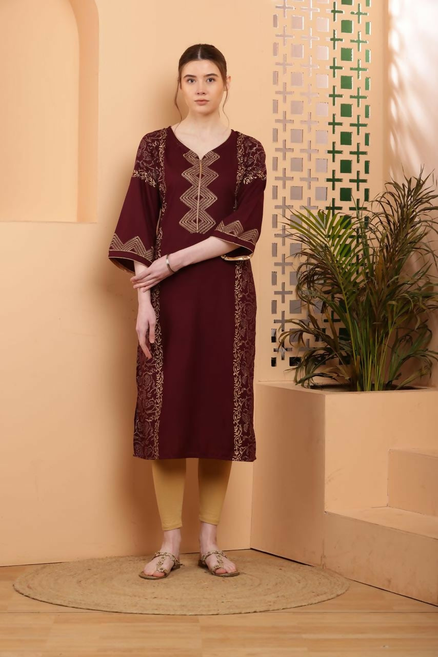 Cheera Women Stylish Hand Block Printed Cotton Blend Flared Kurta - Maroon
