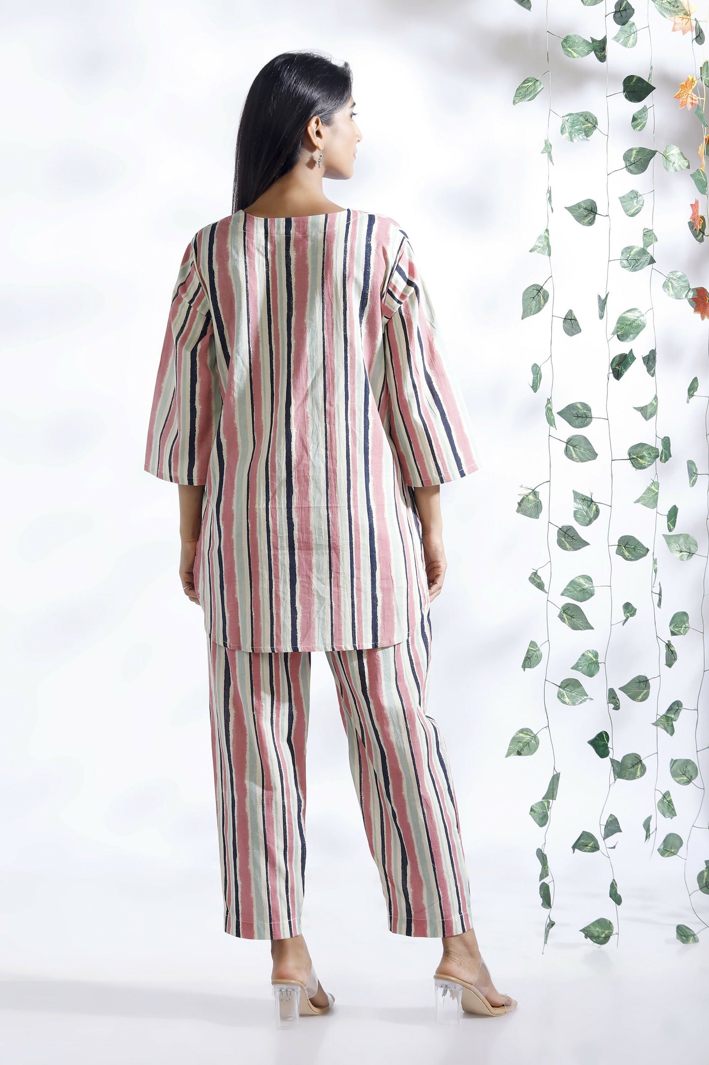 Breathables Women’S Pink Cotton Stripes Loungewear Co-Ord Set