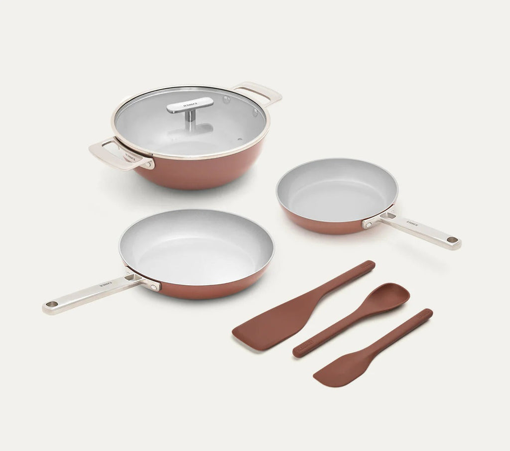 Ember Cookware Set of 3 SS (Frypan+Kadai with Glass Lid+Eggpan) with 3 Kitchen Tools