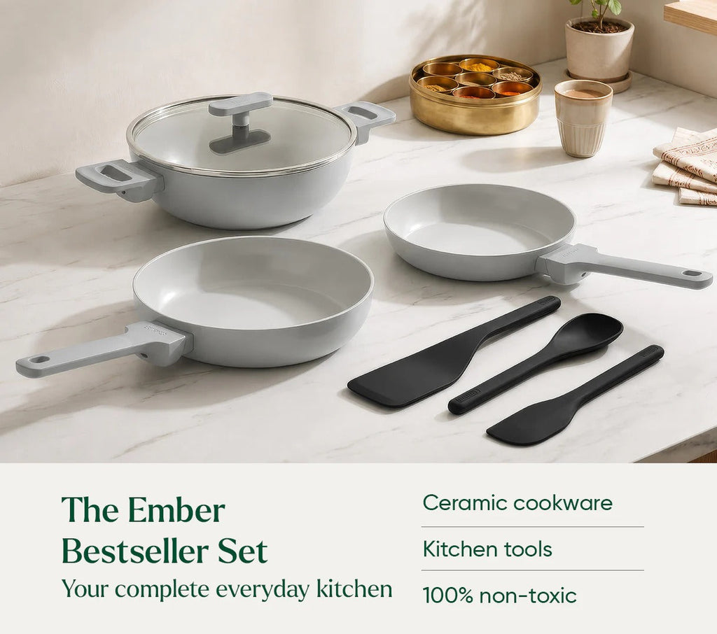 Ember Cookware Set of 3 Soft-Touch Handle with Glass Lid (Frypan+Kadai+Ceramic Egg Pan