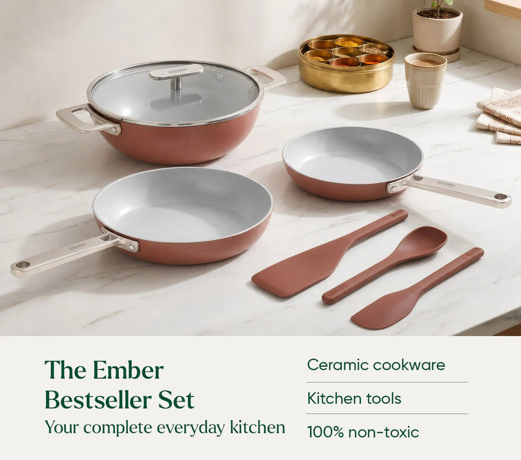 Ember Cookware Set of 3 SS (Frypan+Kadai with Glass Lid+Eggpan) with 3 Kitchen Tools