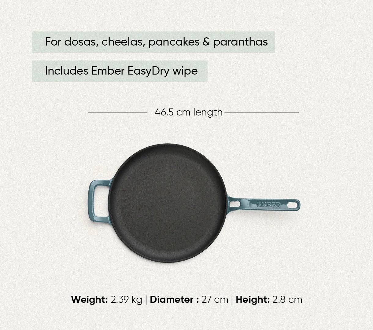 Ember TitaniumClad Ti-Enamel Cast Iron Tawa 27cm No-Season Rust-Proof
