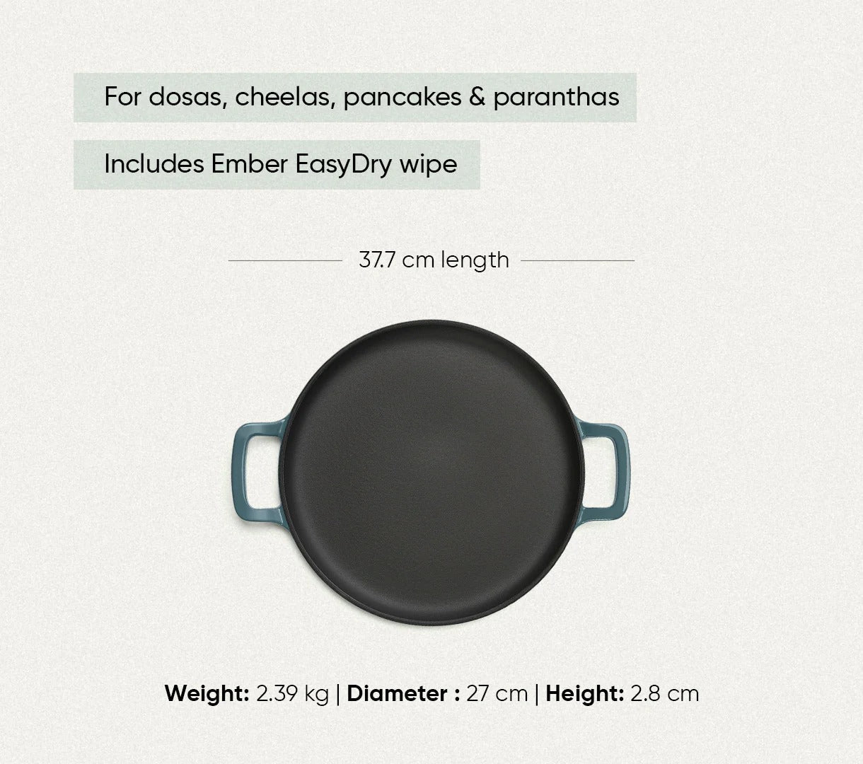 Ember TitaniumClad Ti-Enamel Cast Iron Tawa 30cm No-Season Rust-Proof