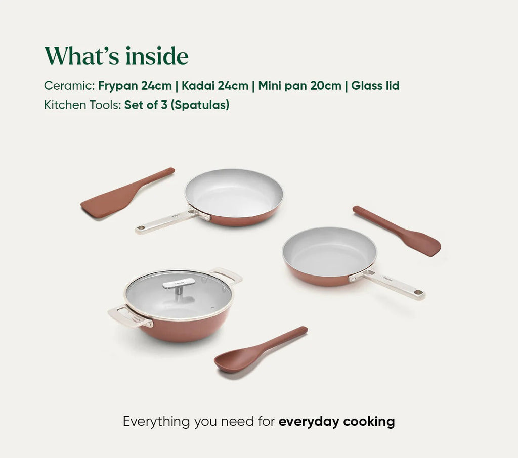 Ember Cookware Set of 3 SS (Frypan+Kadai with Glass Lid+Eggpan) with 3 Kitchen Tools