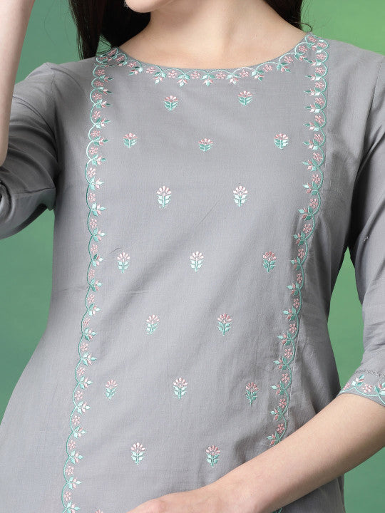 Sangria Floral Embroidered Cotton Straight Kurta