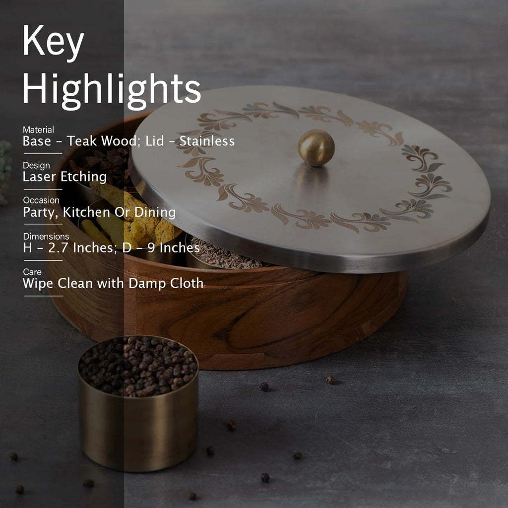 Nestroots Inscribe Acacia Wood Masala Box Silver Laser Design