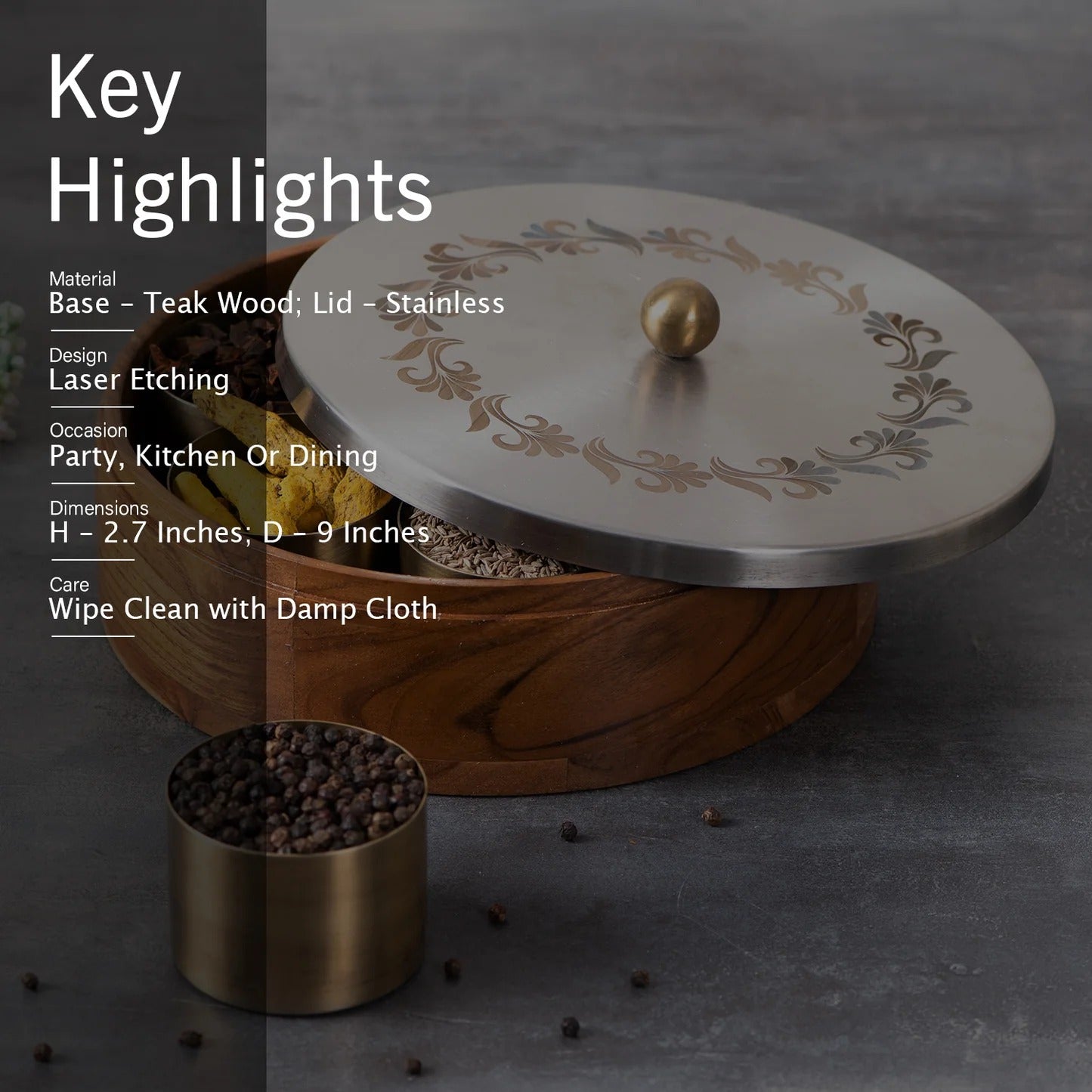 Nestroots Inscribe Acacia Wood Masala Box Silver Laser Design