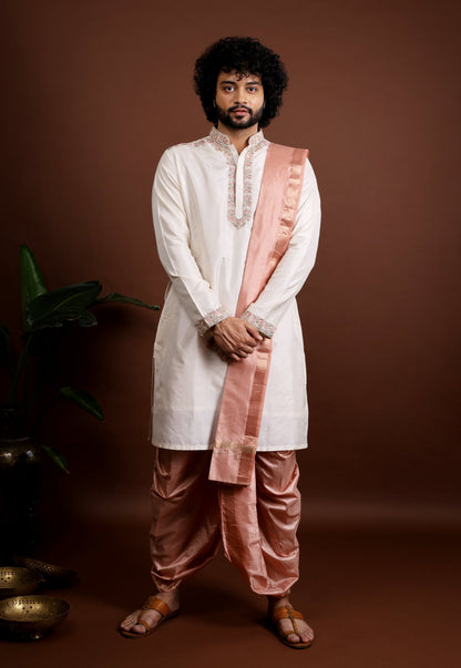 Kanjivaram Pattu Embroidered Kurta Set by Hilo Design
