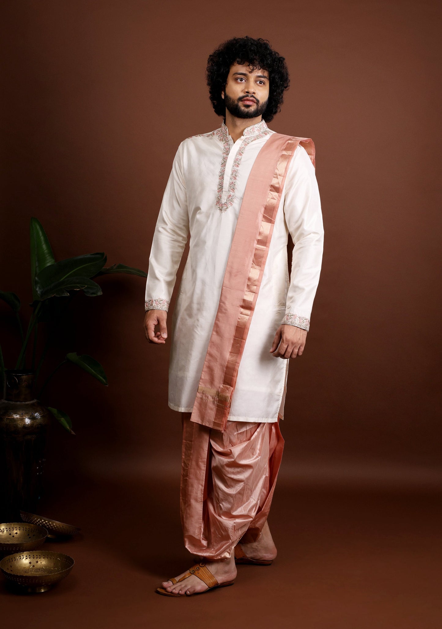 Kanjivaram Pattu Embroidered Kurta Set by Hilo Design