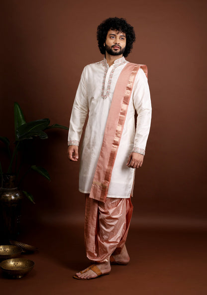Kanjivaram Pattu Embroidered Kurta Set by Hilo Design