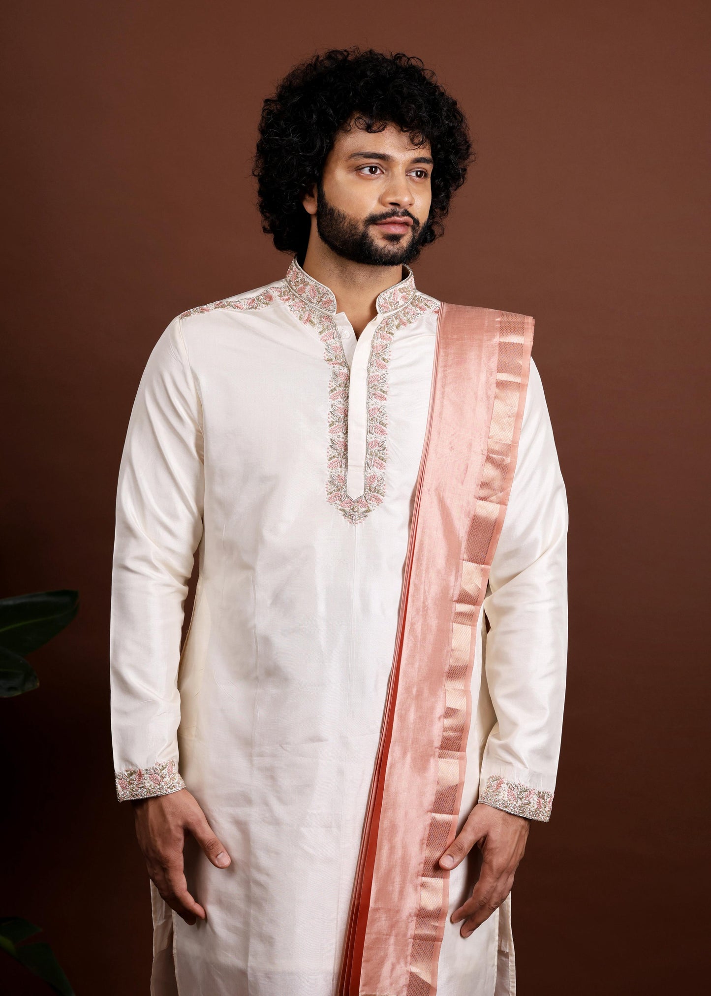 Kanjivaram Pattu Embroidered Kurta Set by Hilo Design